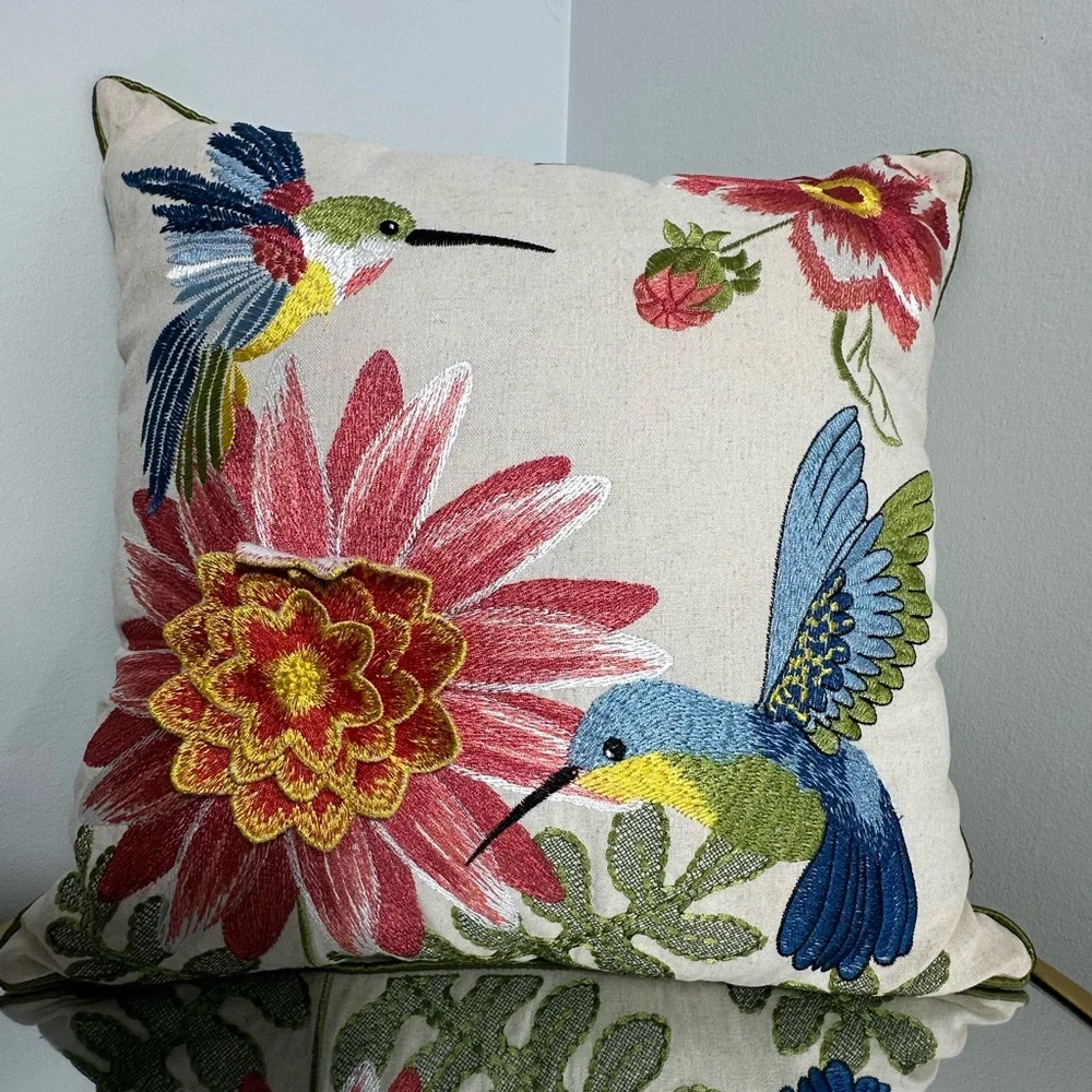 Pier 1 Decorative Embroidered Hummingbird Summer Tropical Throw Pillow - Picture 6 of 13